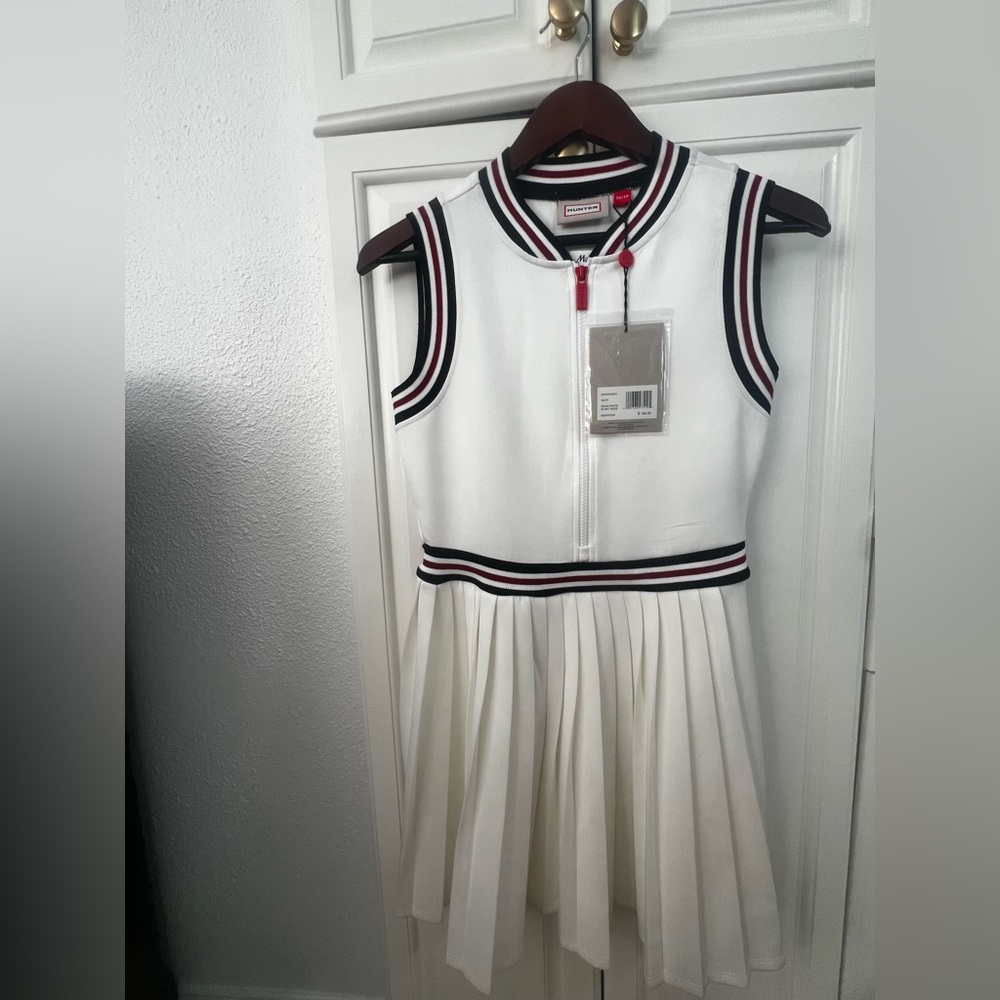 Hunter White Sleeveless Pleated Dress with Navy and Red Trim